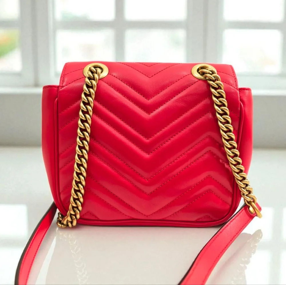 Gucci GG Marmont Matelasse Mini Square Shoulder Bag Red Leather